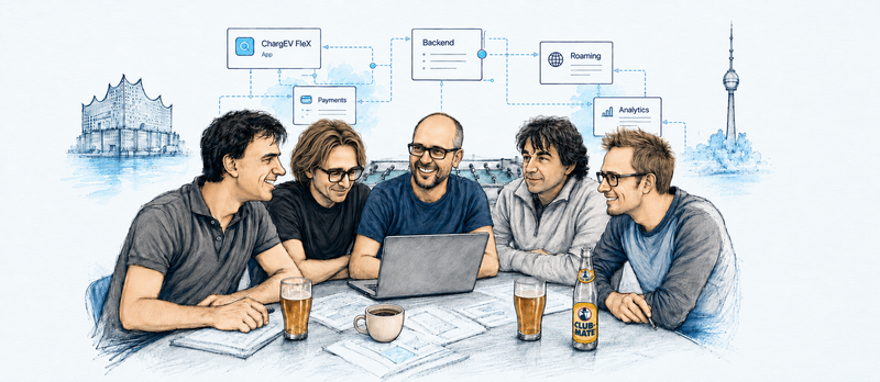 Illustration of the five-person EV Freaks team gathered around a laptop, with ChargEV FleX and backend diagrams in the background