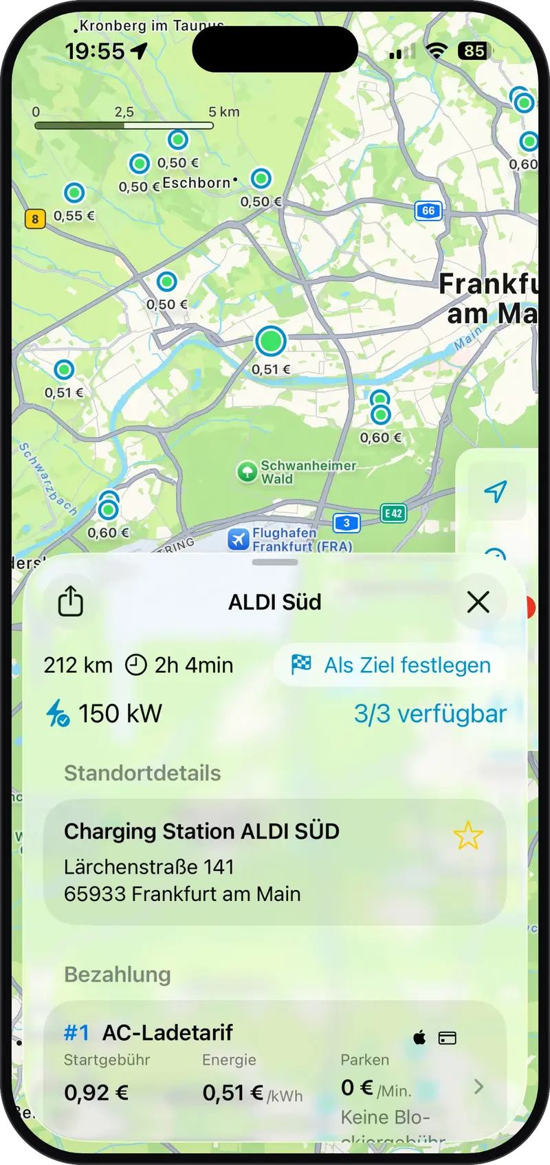 ChargEV FleX Stationsdetails mit Verfügbarkeit, Tarif und Preis