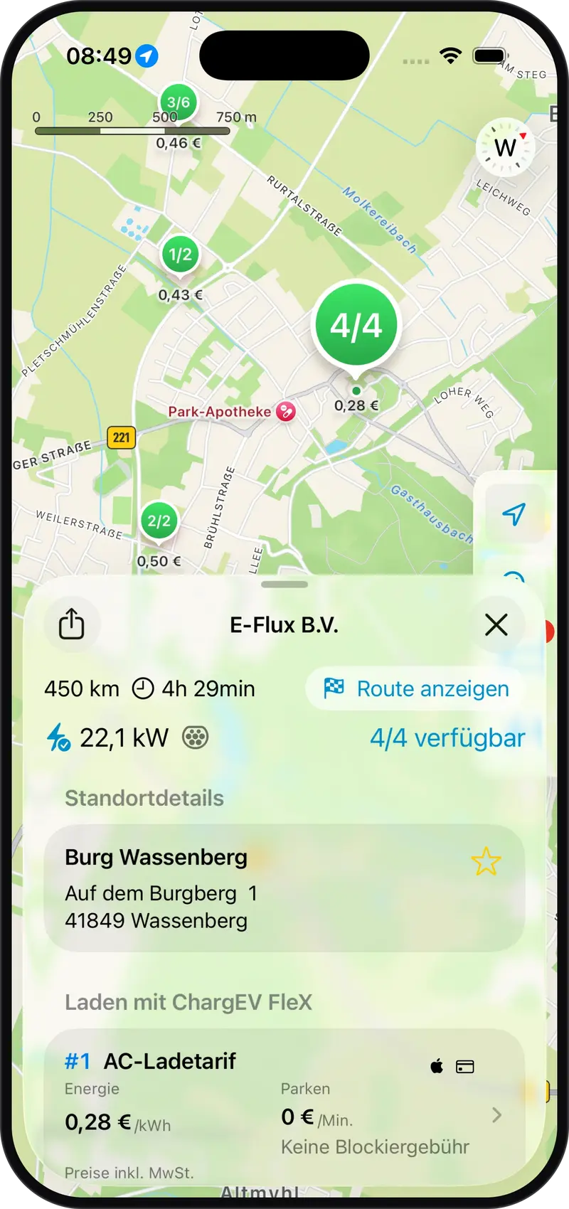 ChargEV FleX Stationsdetails mit Verfügbarkeit, Tarif und Preis