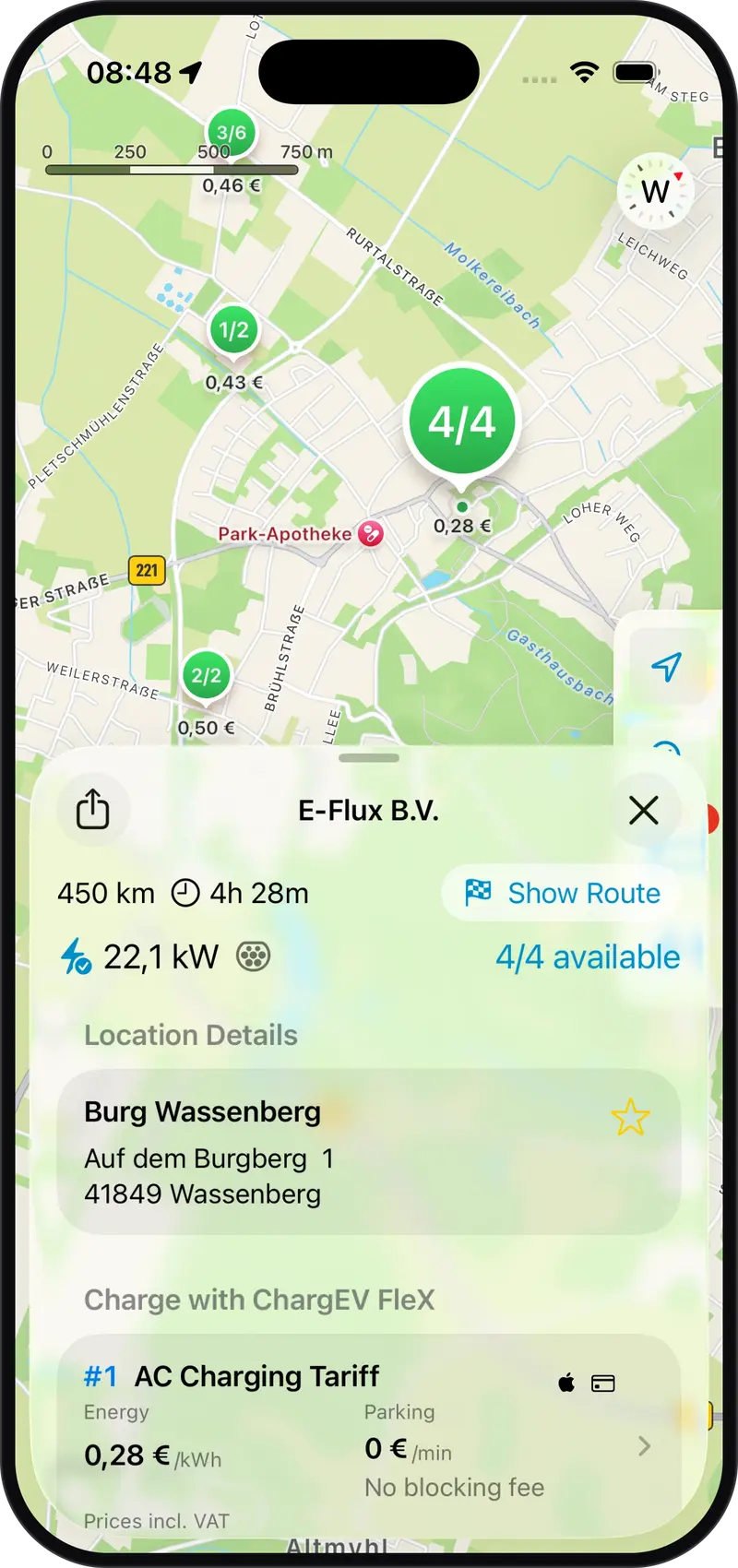 ChargEV FleX station details with availability, tariff and price