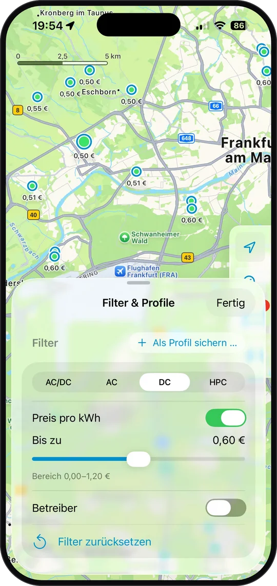 ChargEV FleX mit Preisen auf der Karte, ausgewähltem DC-Laden und einer Preisgrenze von 0,60 Euro pro Kilowattstunde