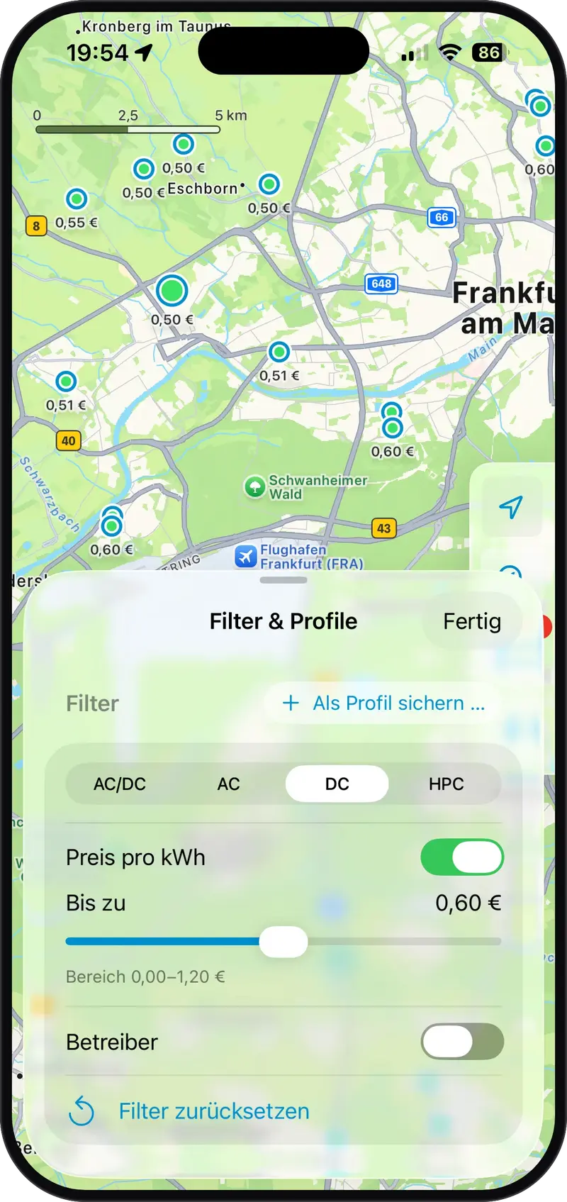 Filter und Profile in der ChargEV FleX App, mit gesetztem maximalem Energiepreis