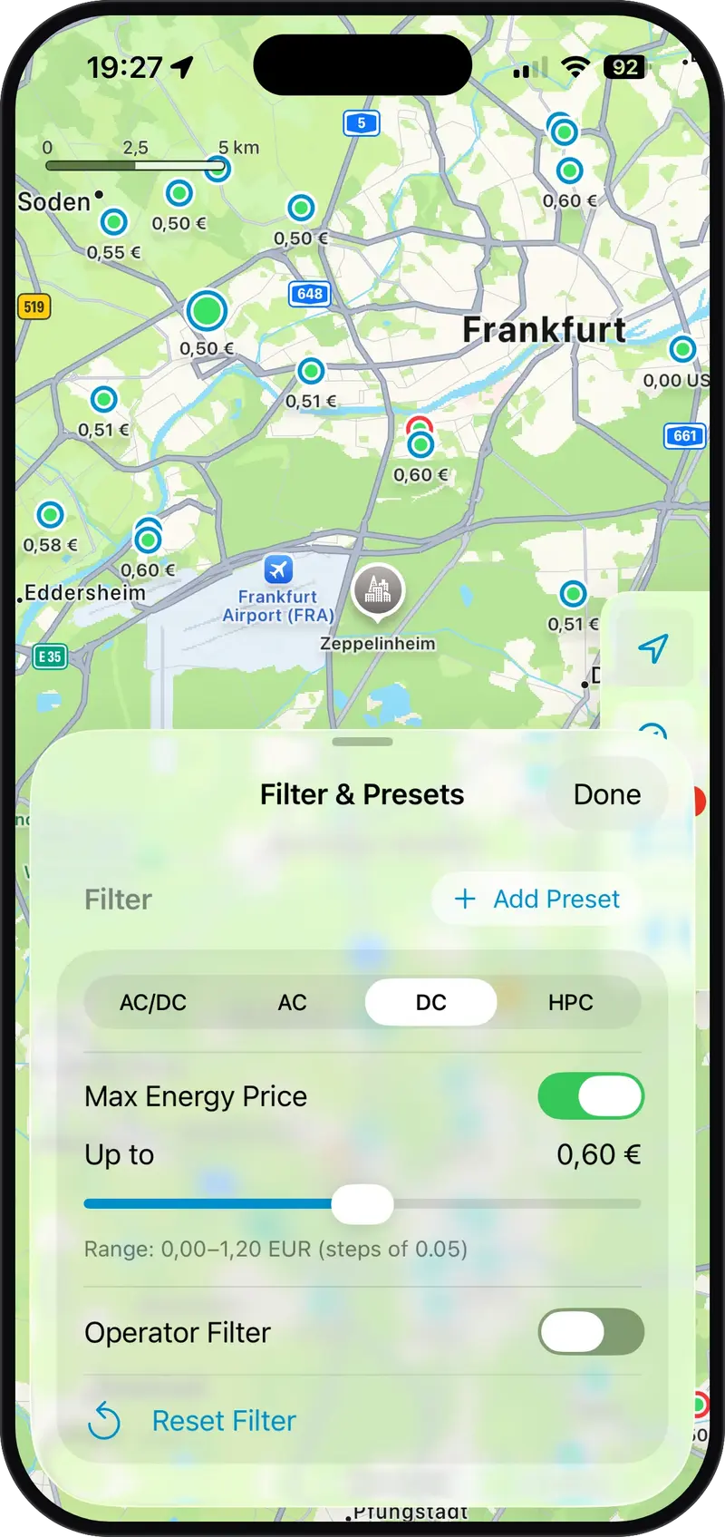 Filter and presets in the ChargEV FleX app, with a maximum energy price set