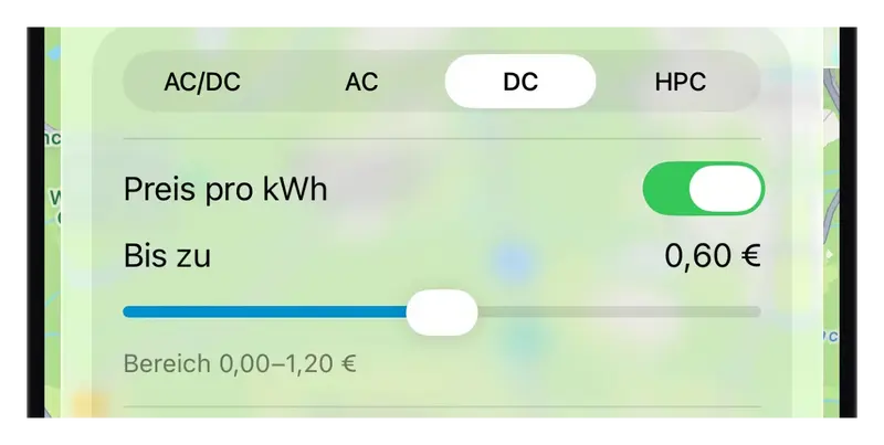 Der Preisfilter in ChargEV FleX mit ausgewähltem DC-Laden und einer Preisgrenze von 0,60 Euro pro Kilowattstunde