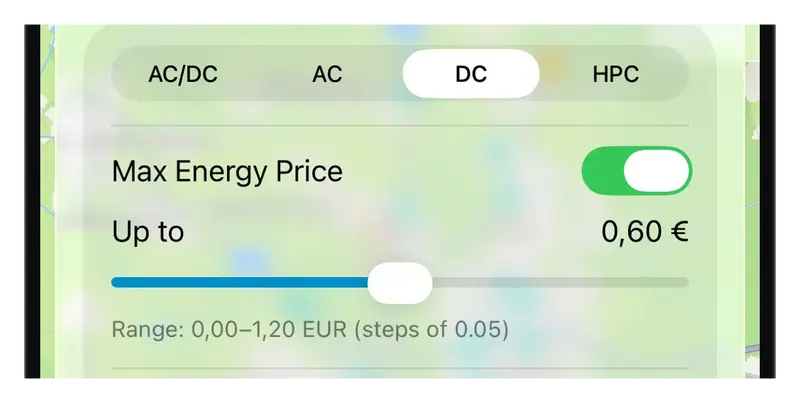 The price filter in ChargEV FleX with DC charging selected and a limit of €0.60 per kilowatt-hour