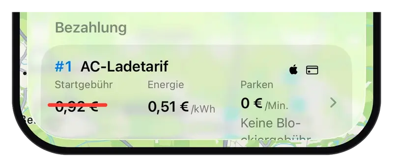 Die frühere ChargEV FleX Tarifkarte, in der die Startgebühr von 0,92 Euro rot durchgestrichen ist