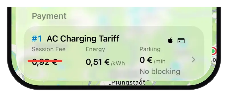 The former ChargEV FleX tariff card with the €0.92 session fee crossed out in red