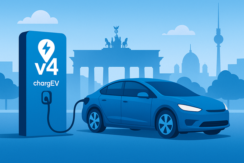 Illustration of an EV charging at a station with v4 logo, Berlin landmarks like Brandenburg Gate and TV Tower in the background