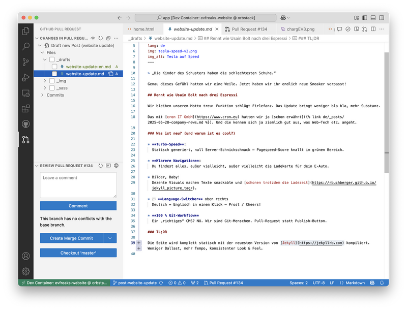 Screenshot der VS Code-Oberfläche mit offenem Markdown-Blog-Post Website Update und farbig hervorgehobenem Code