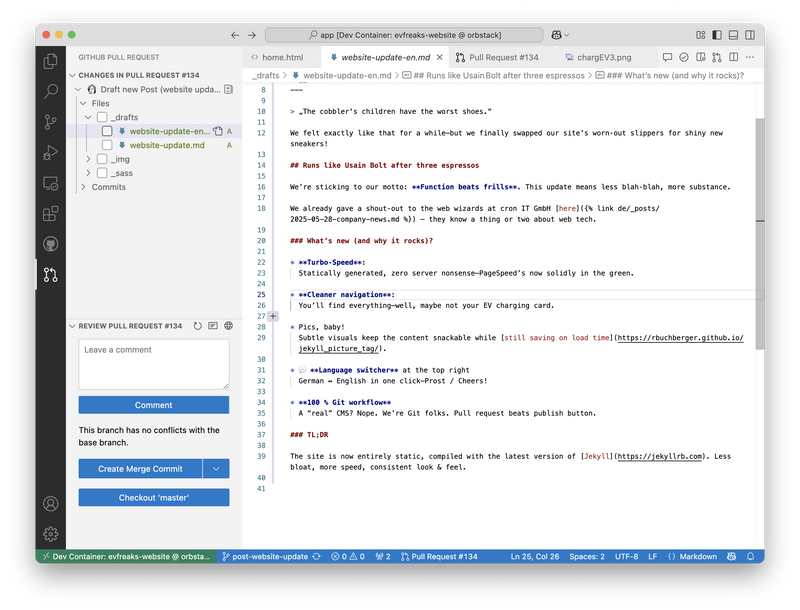 Screenshot of the VS Code workspace showing the Website Update markdown blog post with syntax-highlighted code